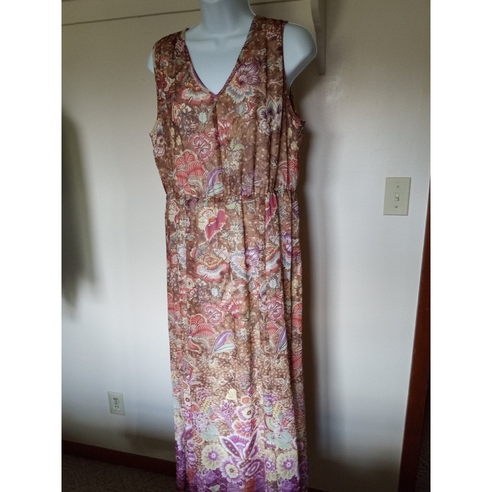 Chicos 1 Floral Batik Maxi Dress Brown Purple Sleeveless V-Neck Lined